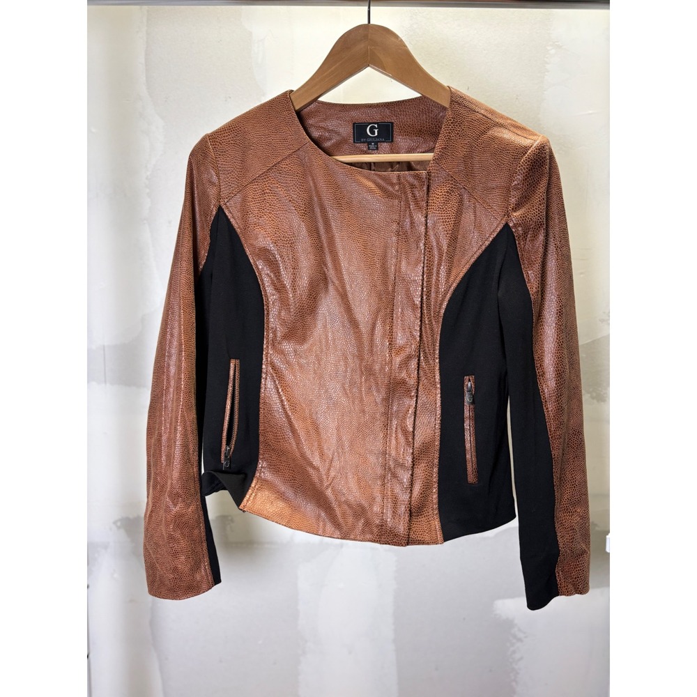 G by Giuliana Womens Snake Skin Faux Leather Moto Jacket Brown Black Size M